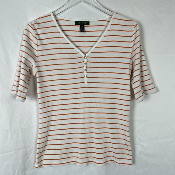 Lauren Ralph Lauren Tops - Lauren Ralph Lauren Womens White Orange Stripe Short Sleeve V-Neck Shirt Medium